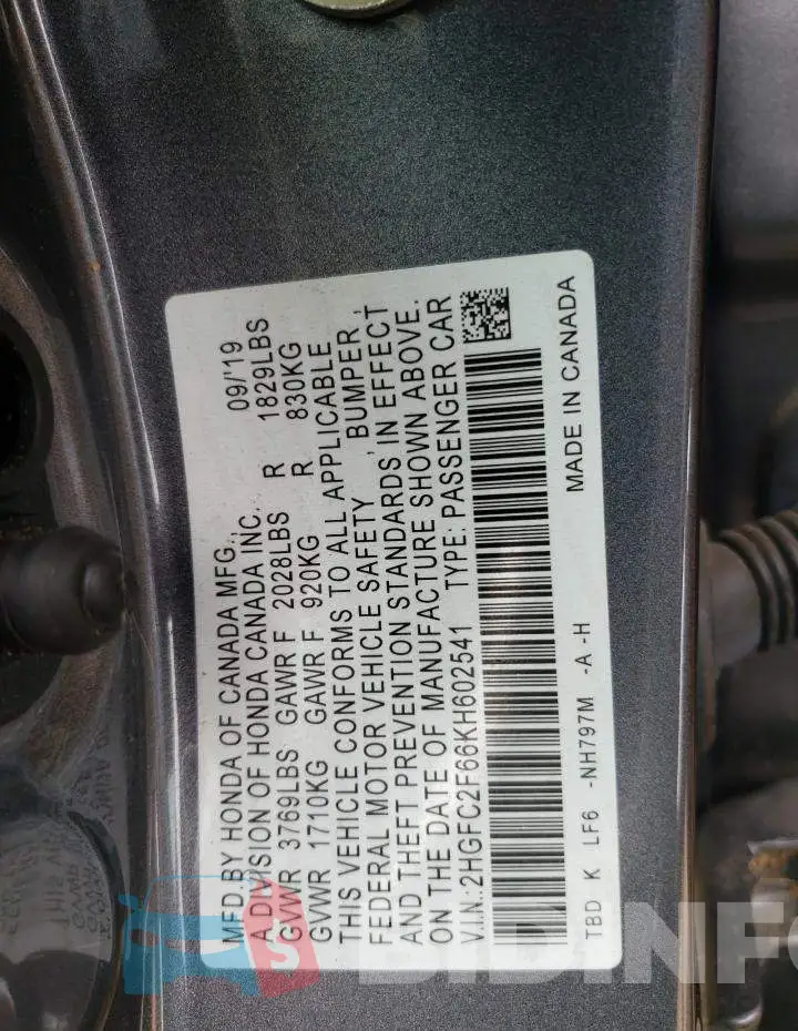 2HGFC2F66KH602541 Photo# 12