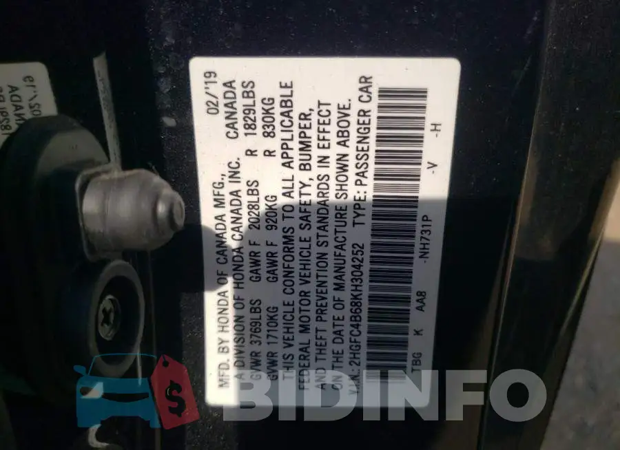 2HGFC4B68KH304252 Photo# 12