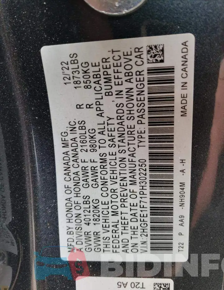2HGFE1F71PH302250 Photo# 12