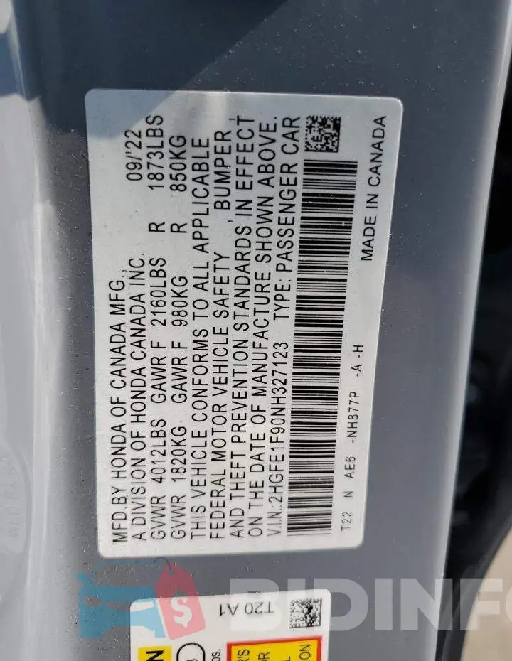 2HGFE1F90NH327123 Photo# 12