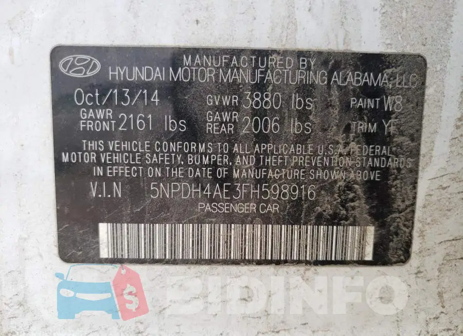 5NPDH4AE3FH598916 Photo# 12