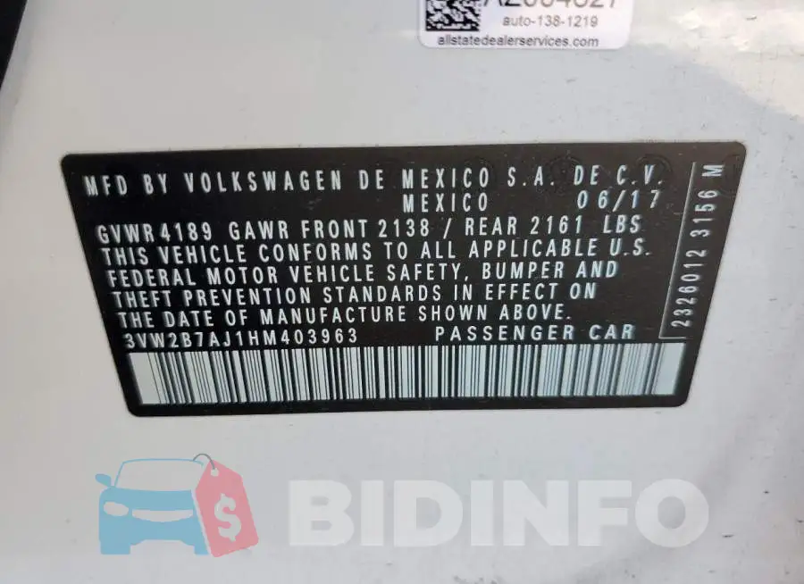 3VW2B7AJ1HM403963 Photo# 12
