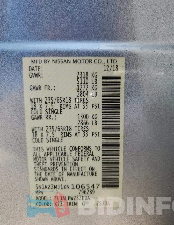 5N1AZ2MJ1KN106547 Photo# 14