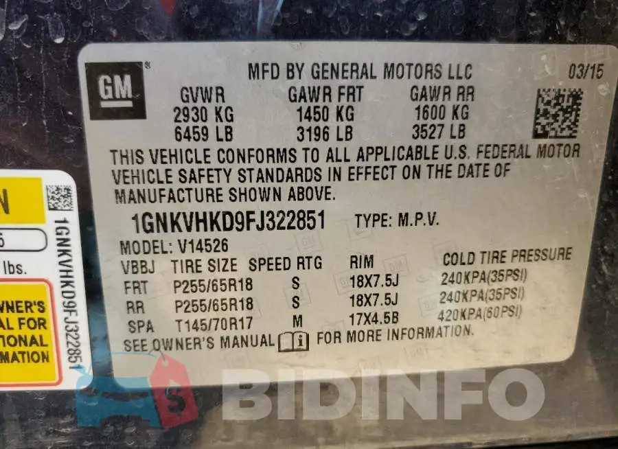1GNKVHKD9FJ322851 Photo# 13