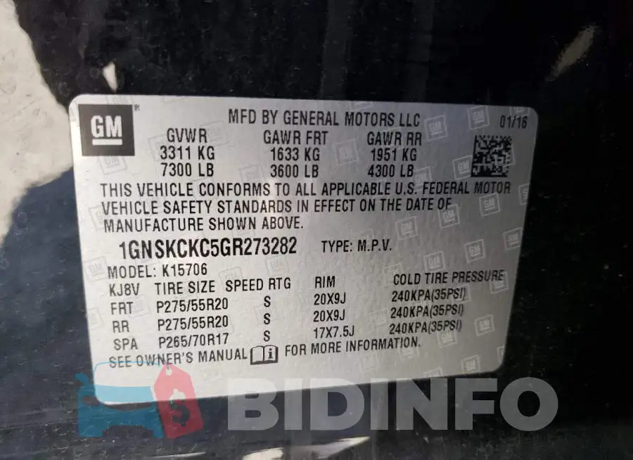 1GNSKCKC5GR273282 Photo# 13