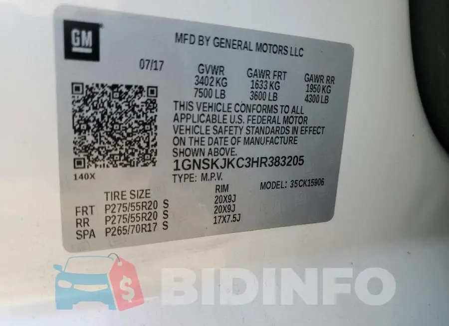 1GNSKJKC3HR383205 Photo# 13