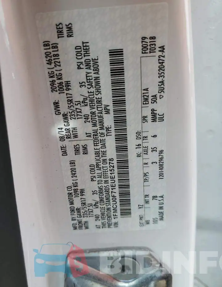 1FMCU0F71EUE15278 Photo# 12