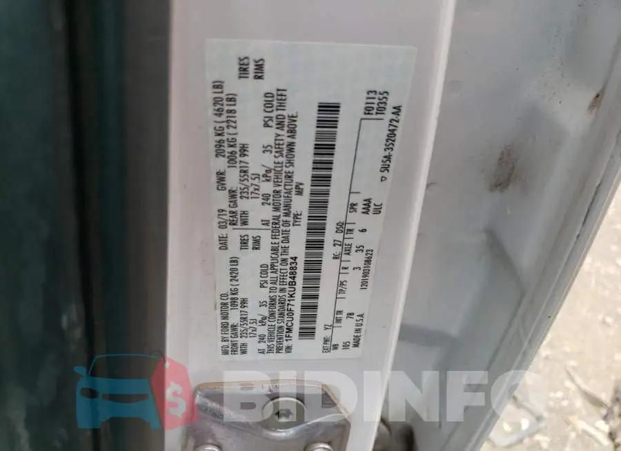 1FMCU0F71KUB48834 Photo# 14