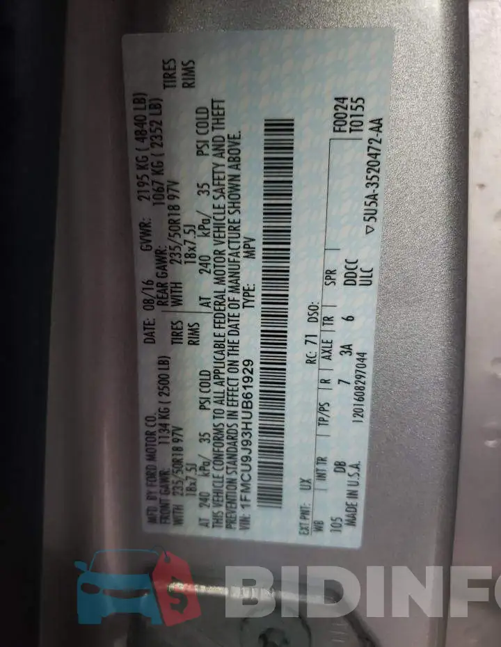 1FMCU9J93HUB61929 Photo# 12