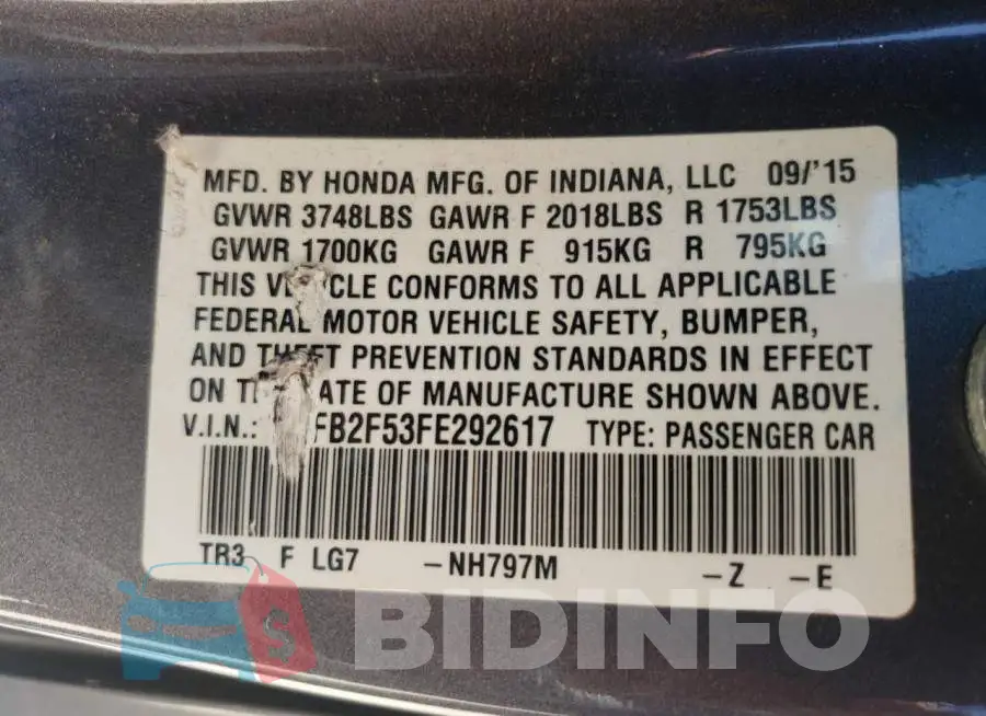 19XFB2F53FE292617 Photo# 12