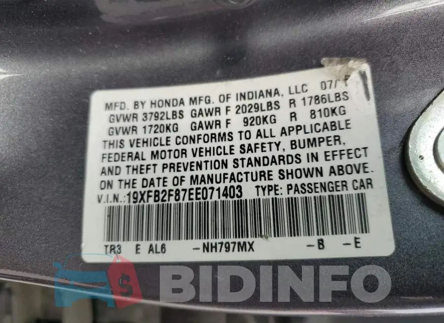 19XFB2F87EE071403 Photo# 12