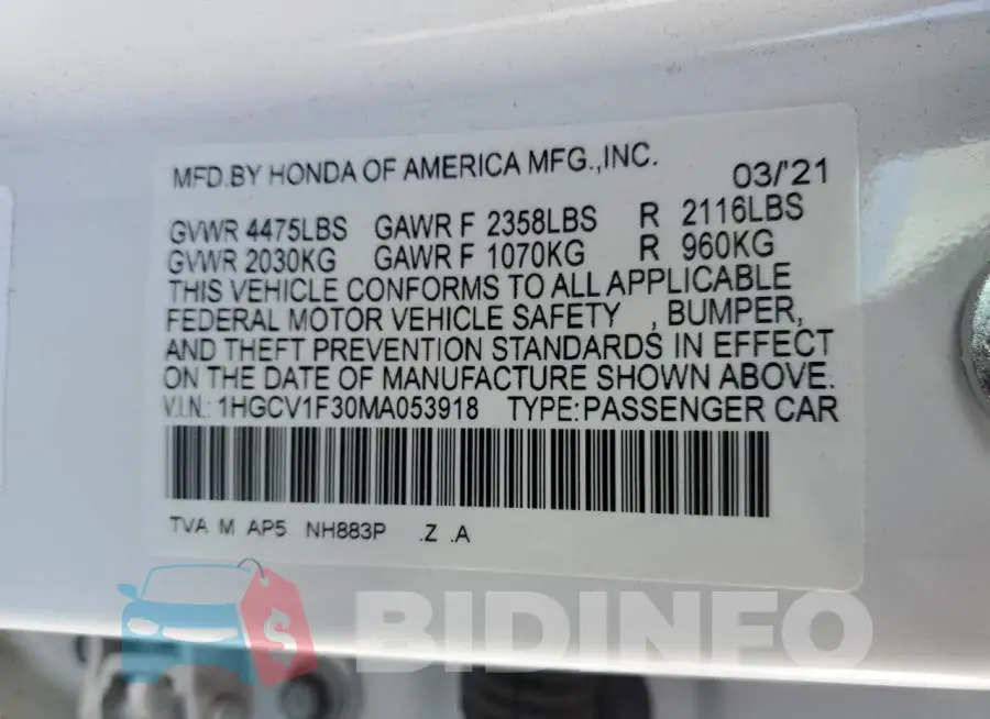 1HGCV1F30MA053918 Photo# 12