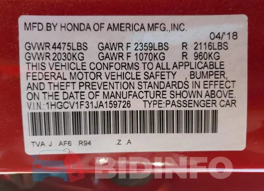 1HGCV1F31JA159726 Photo# 12