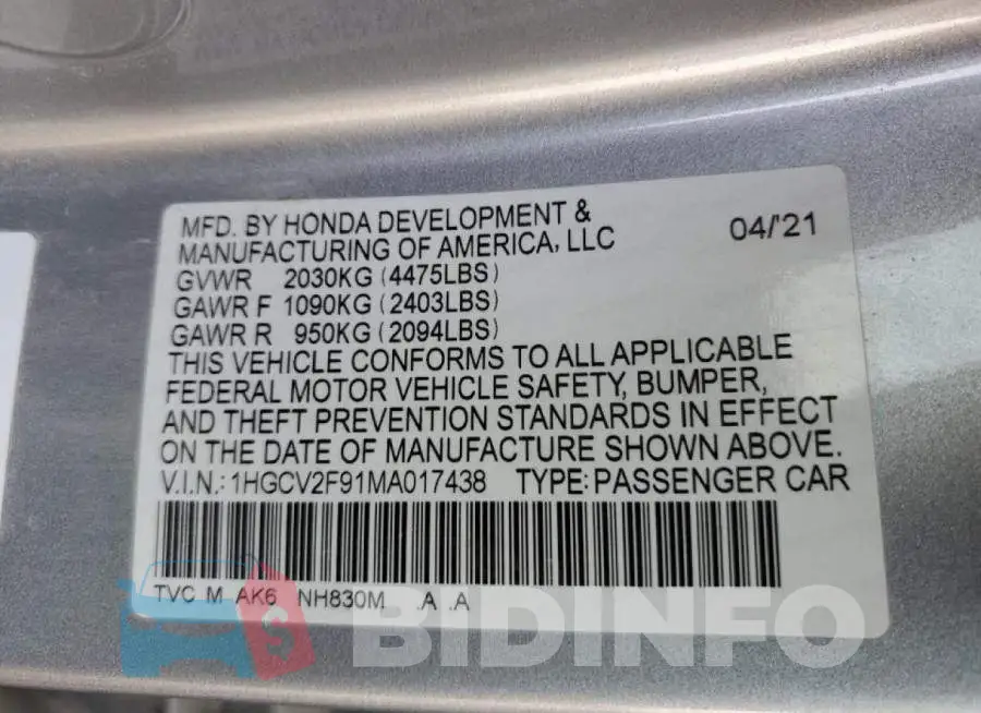 1HGCV2F91MA017438 Photo# 12
