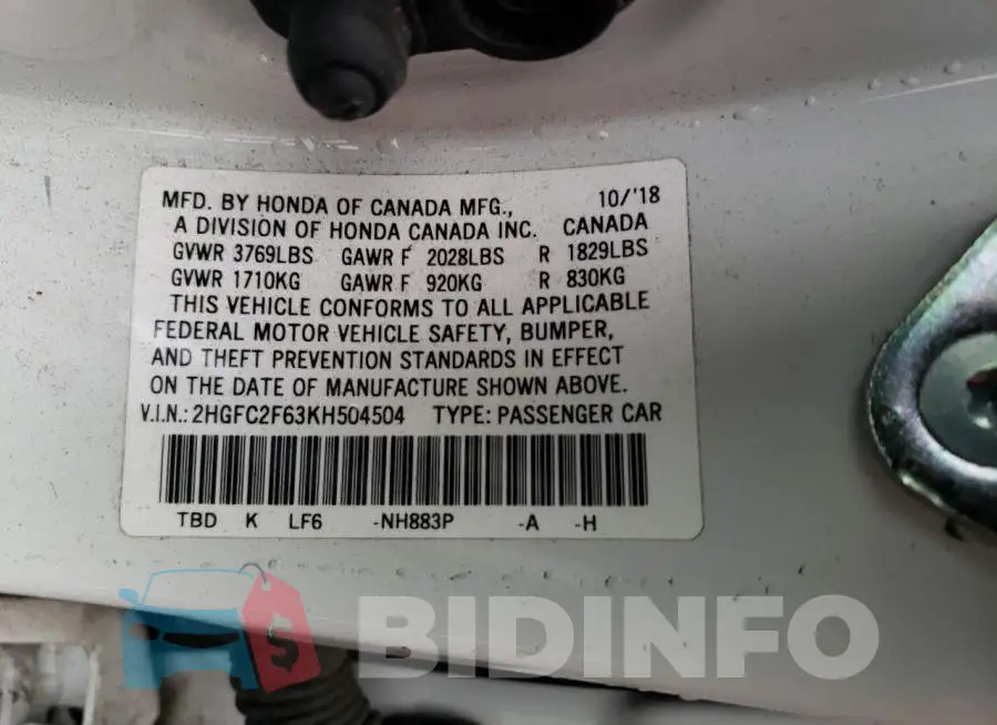 2HGFC2F63KH504504 Photo# 12