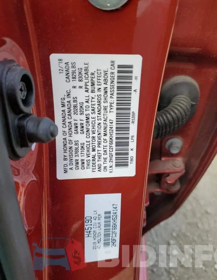 2HGFC2F66KH524147 Photo# 12
