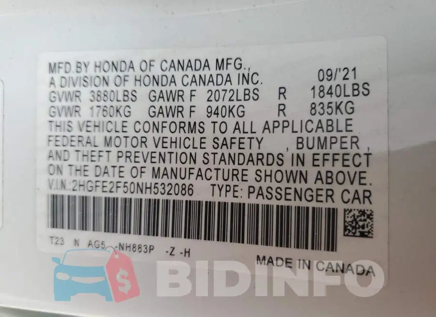 2HGFE2F50NH532086 Photo# 12