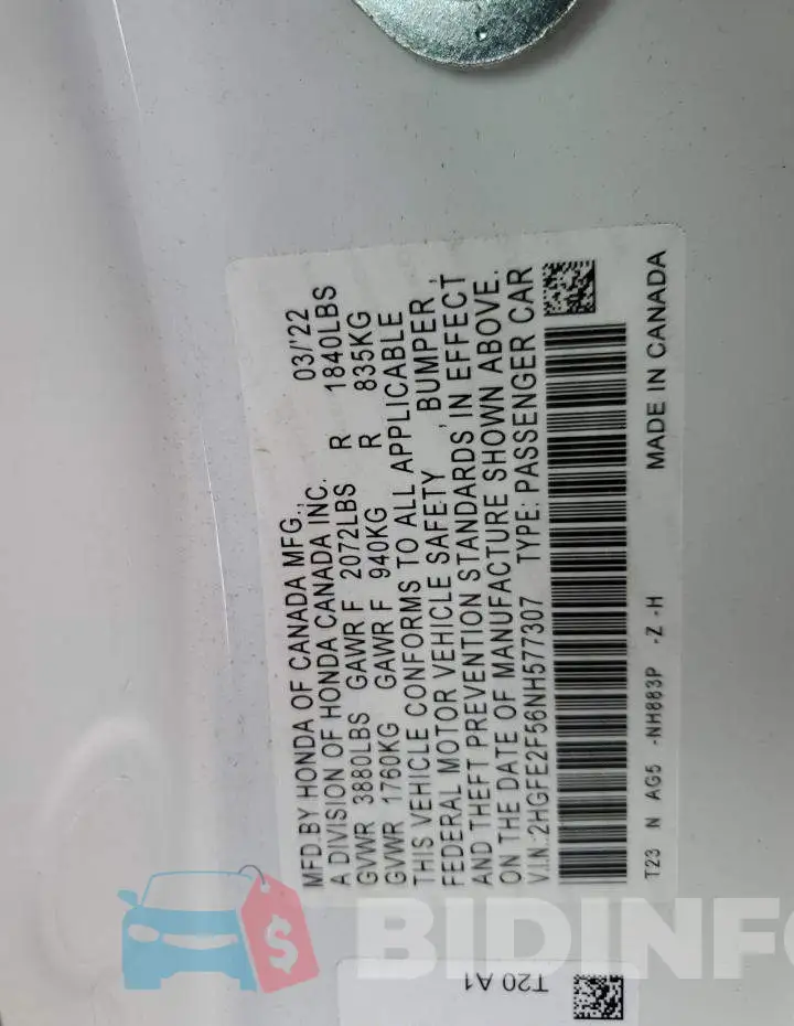 2HGFE2F56NH577307 Photo# 12