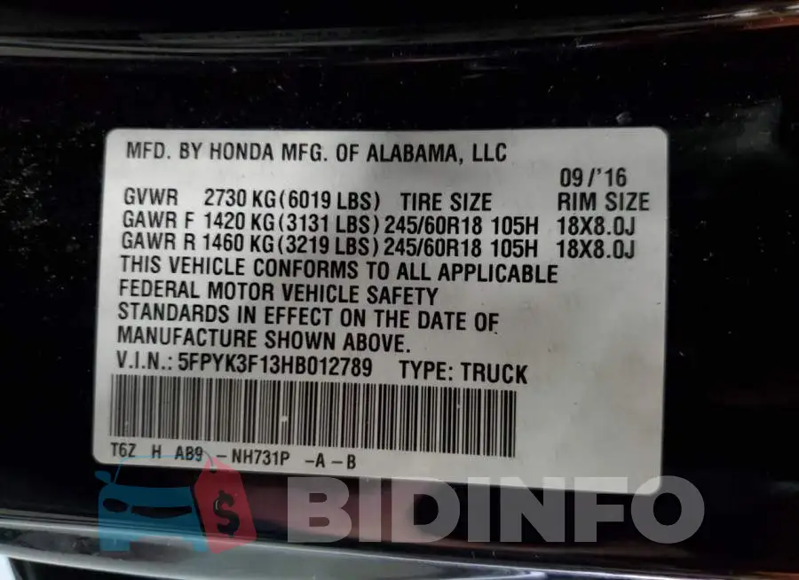 5FPYK3F13HB012789 Photo# 12