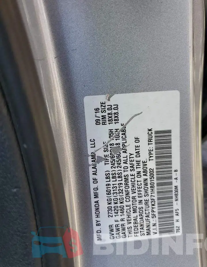 5FPYK3F71HB015002 Photo# 14