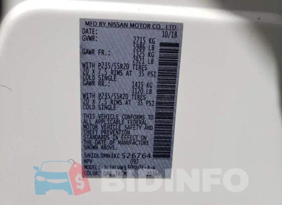 5N1DL0MN3KC526764 Photo# 13