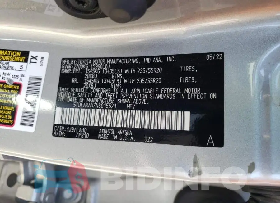 5TDFARAH7NS015521 Photo# 13