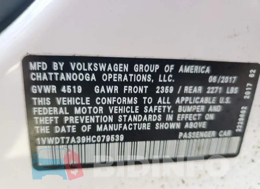 1VWDT7A39HC079539 Photo# 12