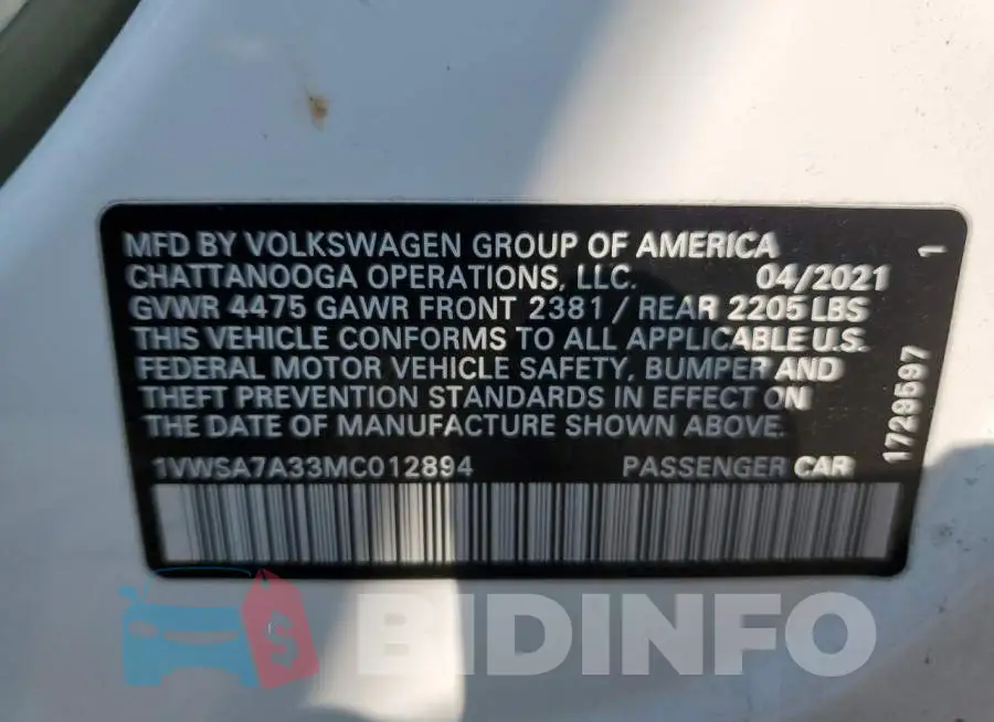 1VWSA7A33MC012894 Photo# 12