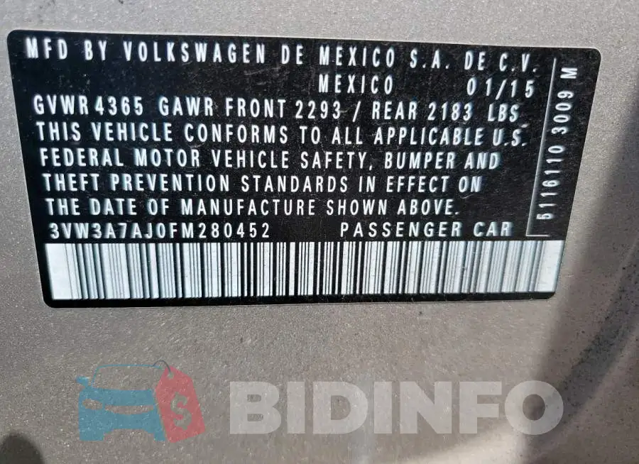 3VW3A7AJ0FM280452 Photo# 13