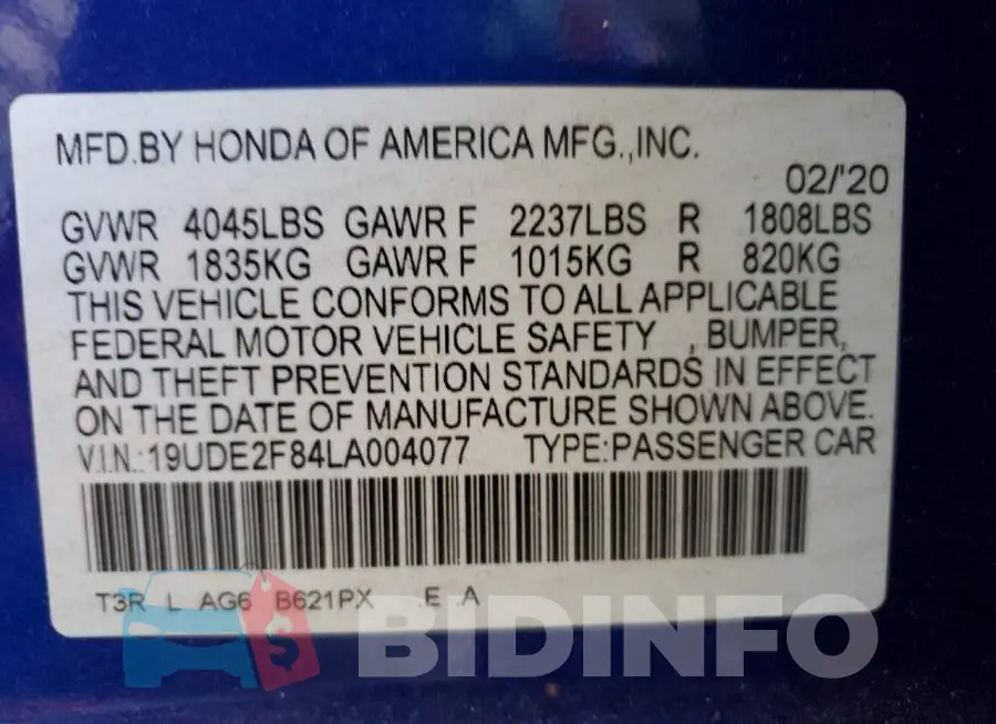 19UDE2F84LA004077 Photo# 12