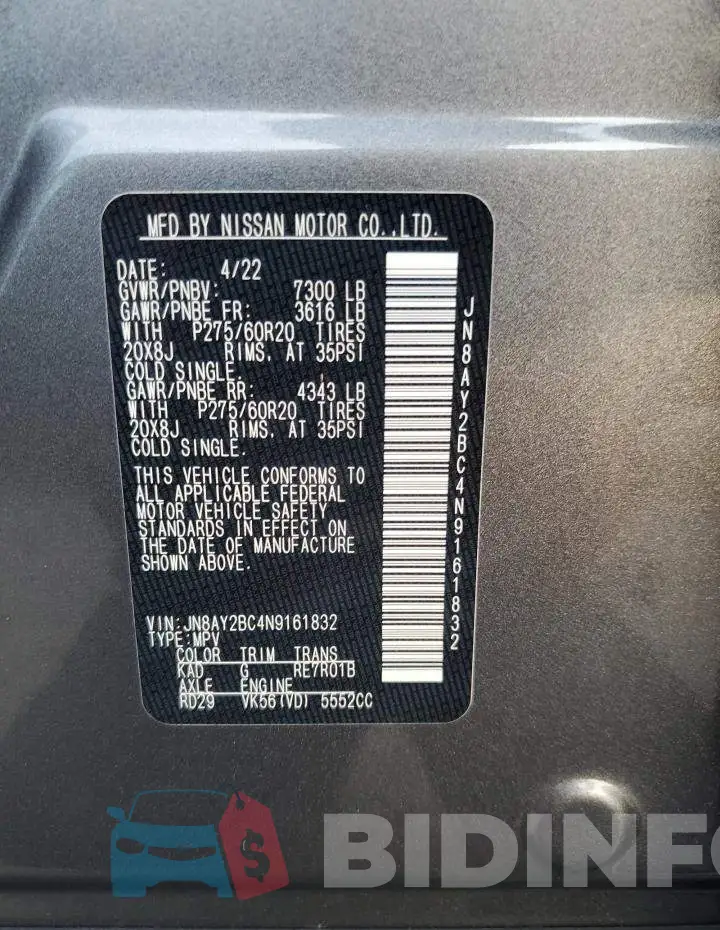 JN8AY2BC4N9161832 Photo# 14