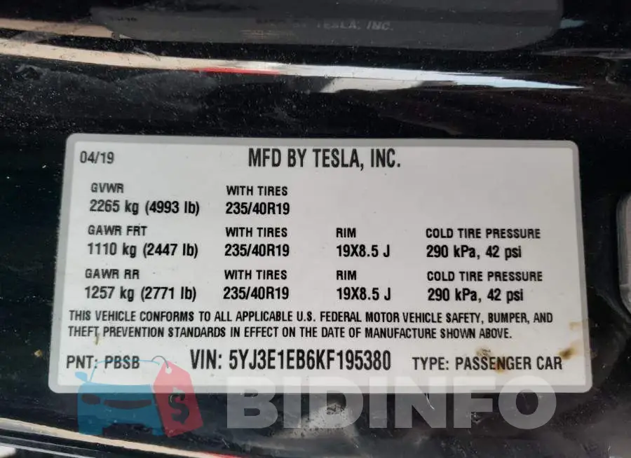 5YJ3E1EB6KF195380 Photo# 13