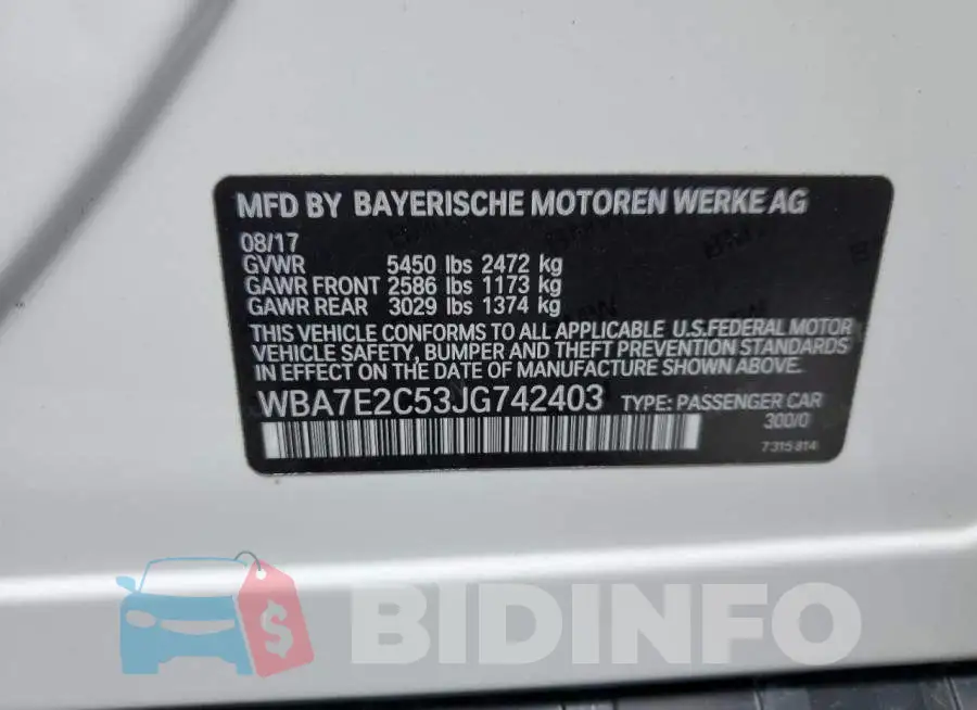 WBA7E2C53JG742403 Photo# 13