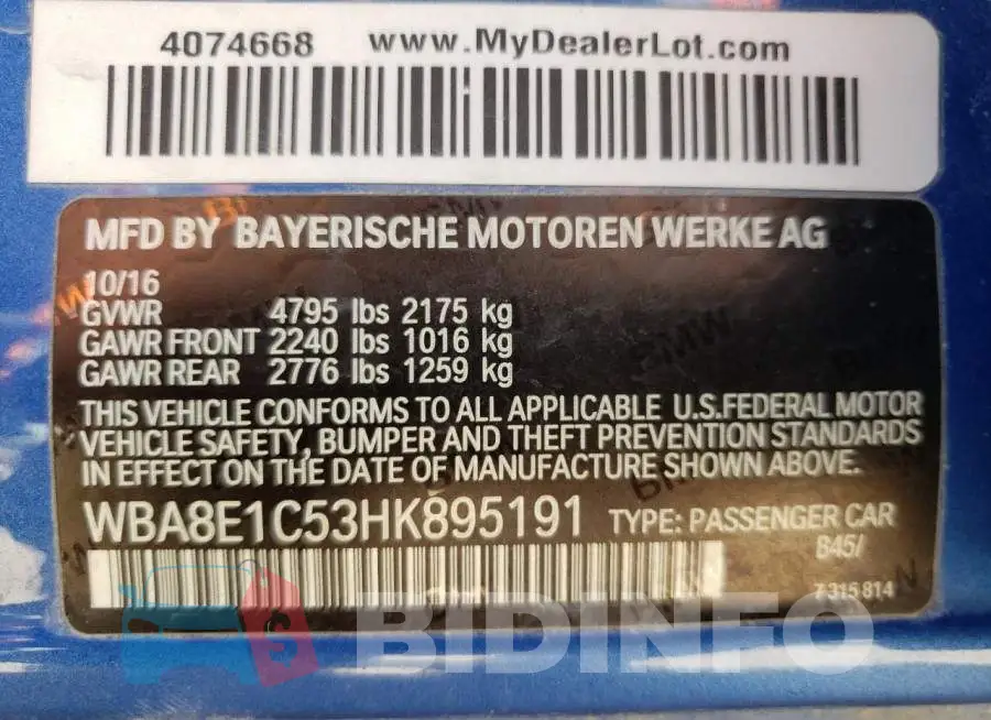 WBA8E1C53HK895191 Photo# 12