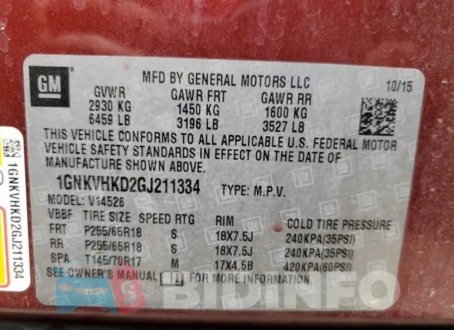 1GNKVHKD2GJ211334 Photo# 14