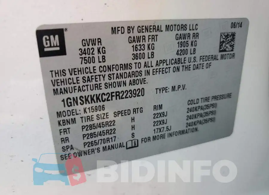 1GNSKKKC2FR223920 Photo# 13