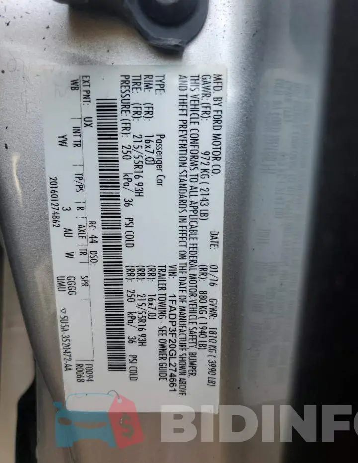 1FADP3F20GL274661 Photo# 12