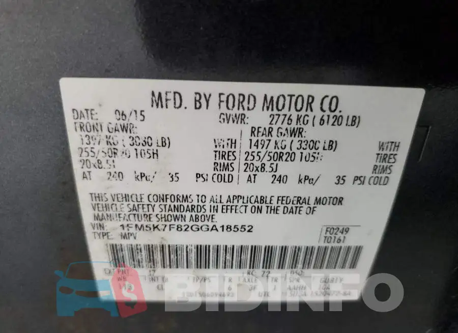 1FM5K7F82GGA18552 Photo# 14