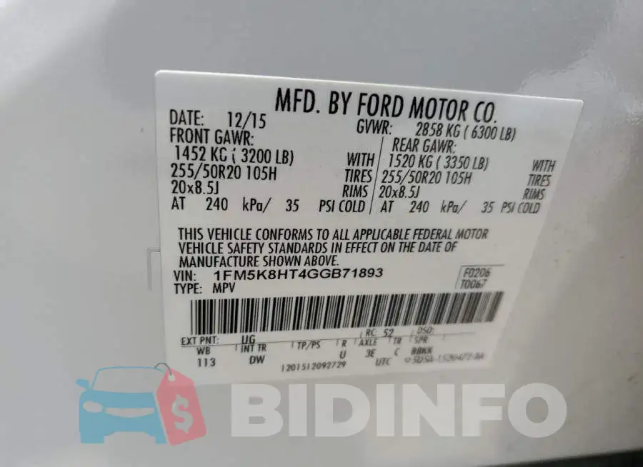 1FM5K8HT4GGB71893 Photo# 13