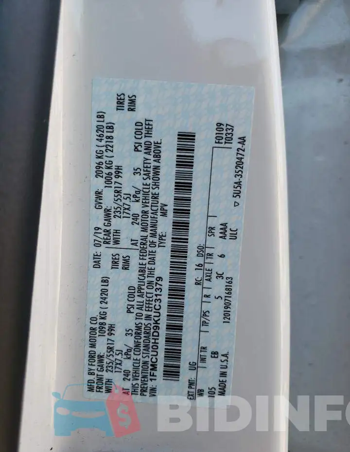 1FMCU0HD9KUC31379 Photo# 13