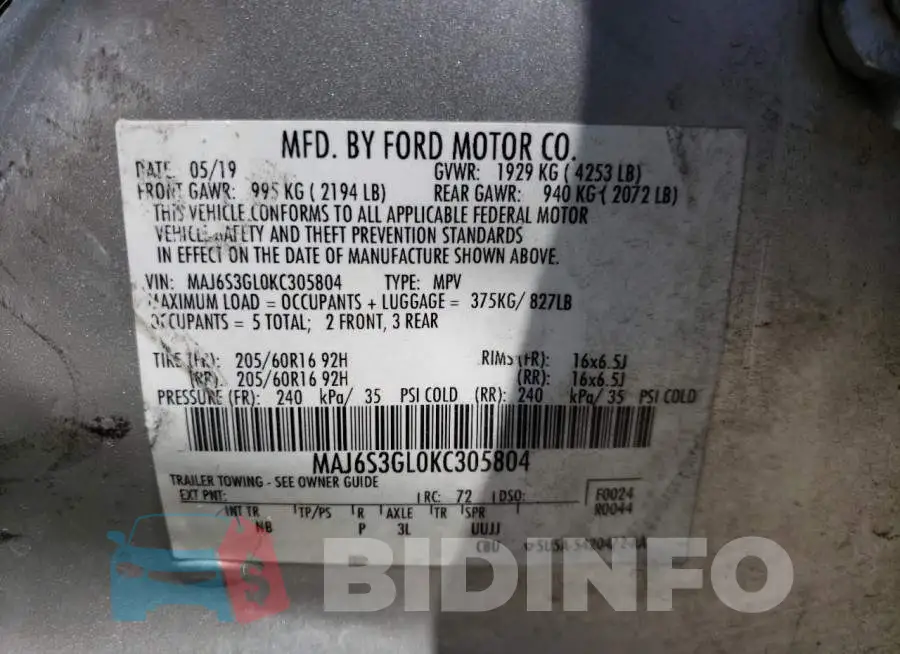 MAJ6S3GL0KC305804 Photo# 13
