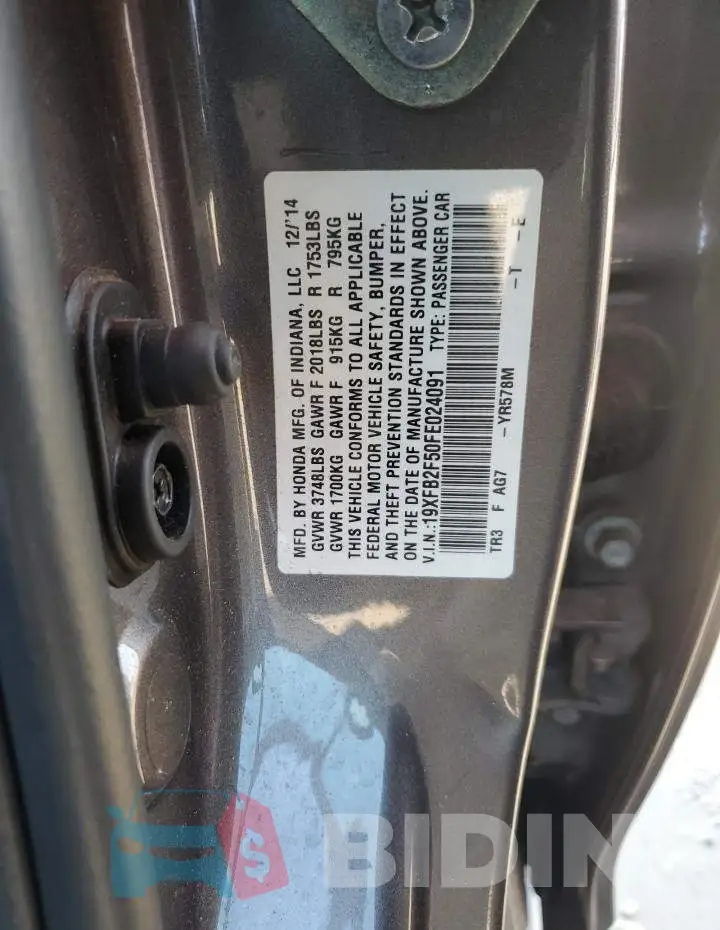 19XFB2F50FE024091 Photo# 12
