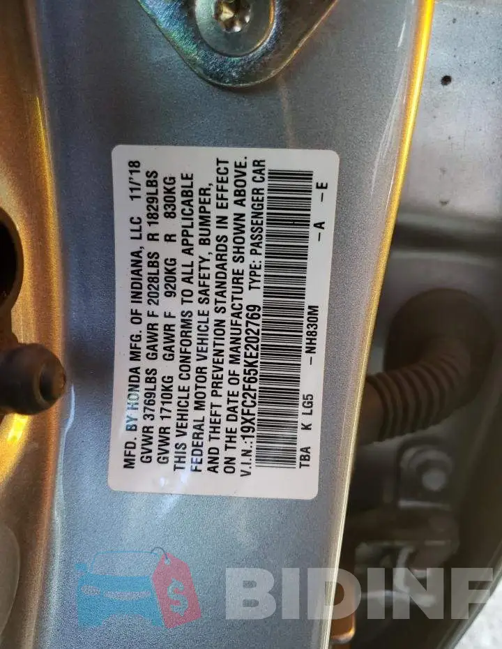 19XFC2F65KE202769 Photo# 13