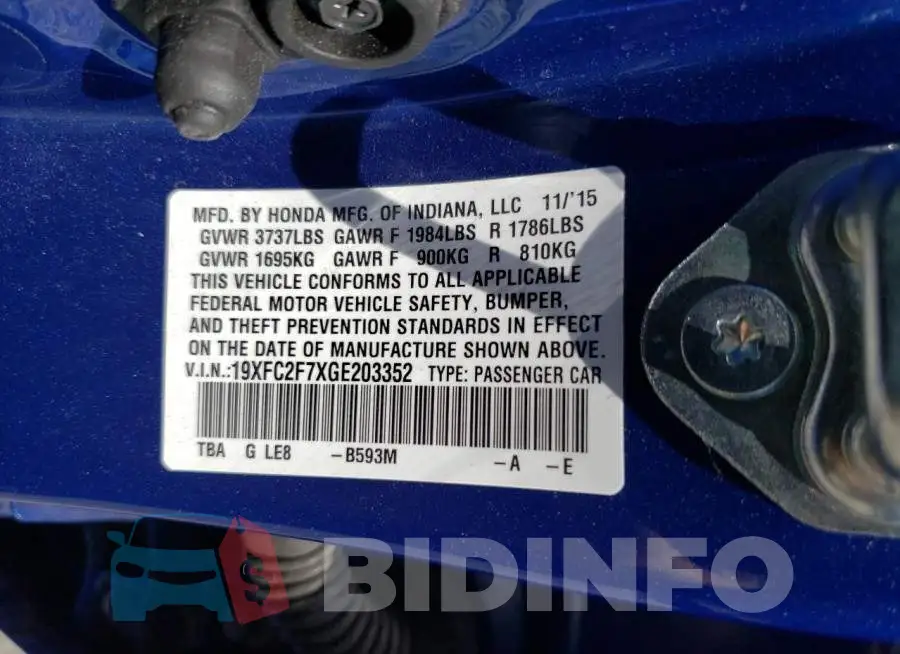 19XFC2F7XGE203352 Photo# 12