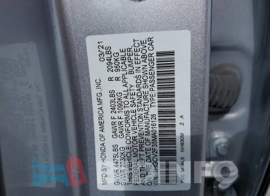 1HGCV2F35MA016126 Photo# 12