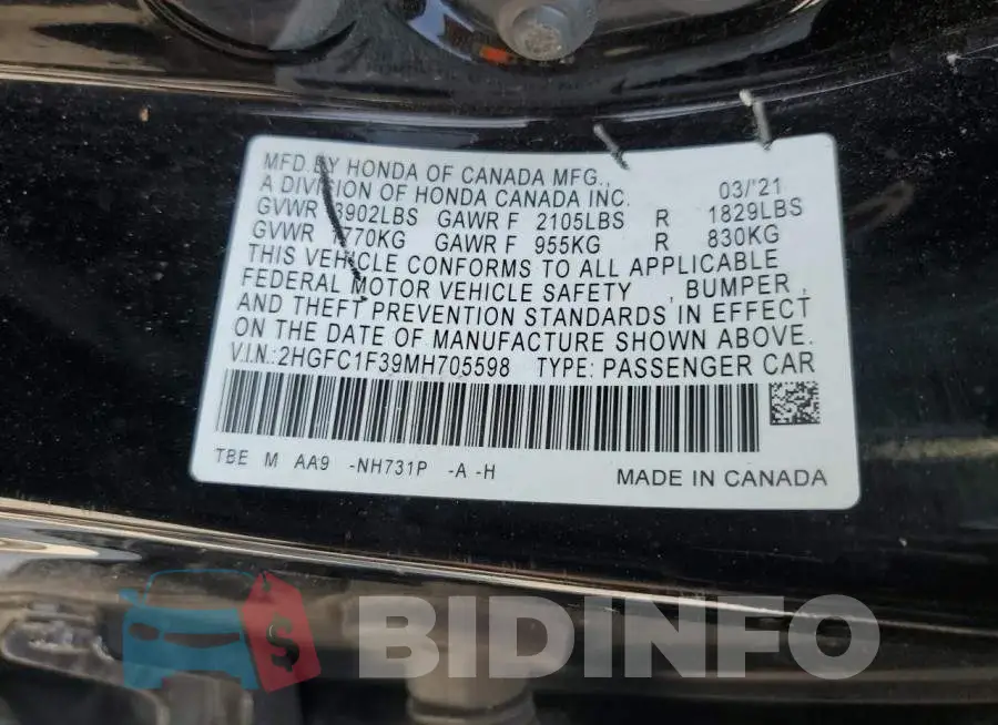 2HGFC1F39MH705598 Photo# 12