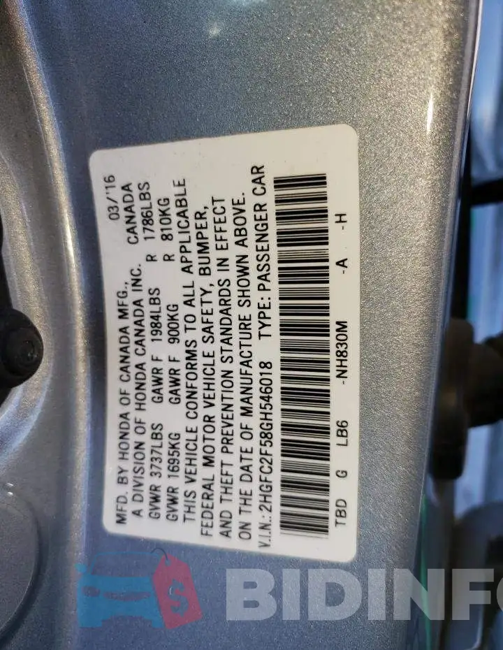2HGFC2F58GH546018 Photo# 13