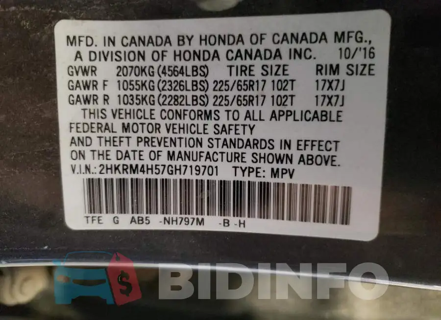 2HKRM4H57GH719701 Photo# 12