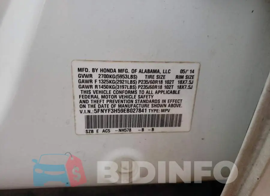 5FNYF3H59EB027841 Photo# 14
