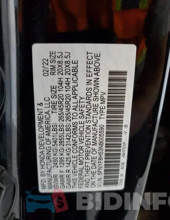 5FNYF8H53NB005590 Photo# 14